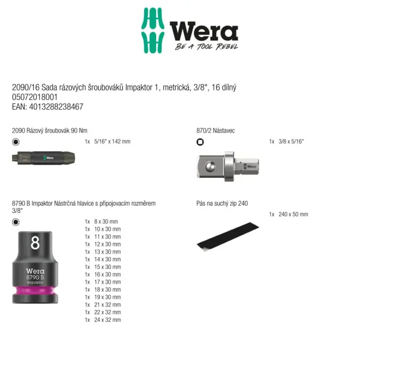 Wera 072018 Nástrčné hlavice 3/8" 10 ÷ 24 mm Impaktor 1 a rázový uťahovač 2090/16 - 16 dielov (W05072018001)