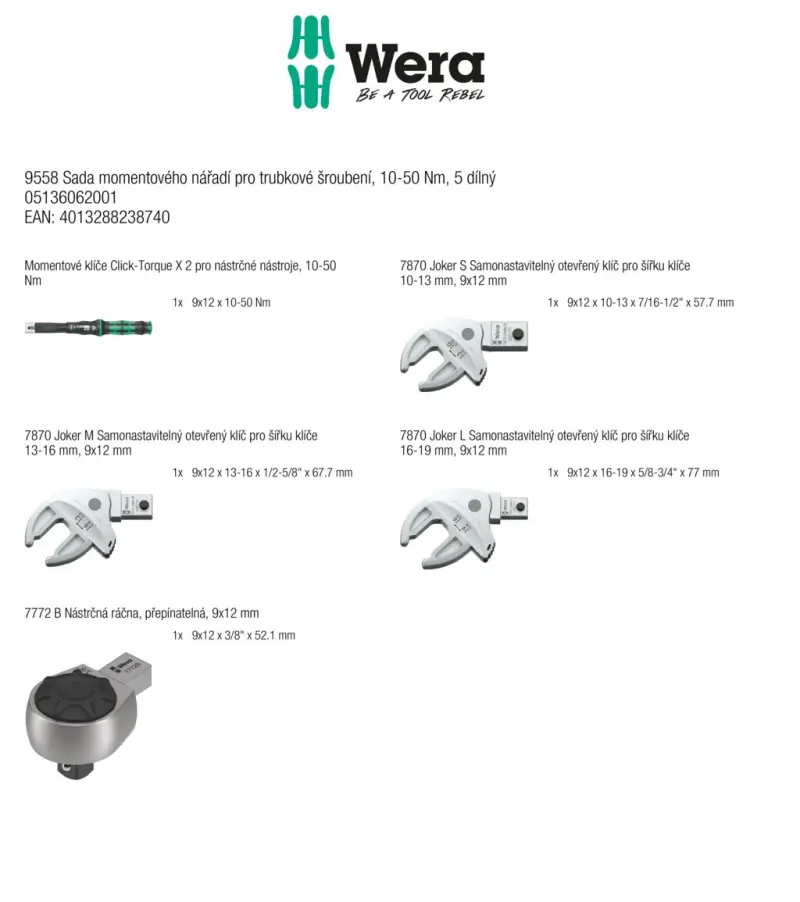 Wera 136062 Momentový kľúč Click-Torque X 2 pre nástrčné nástroje 14x18mm (10 ÷ 50 Nm). Typ 9558 - 5 dielov (W05136062001)