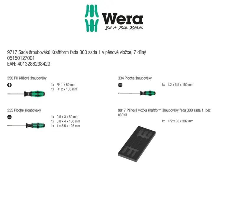 Wera 150127 Náraďový modul - penová vložka 9710. Skrutkovače Kraftform Serie 300 SL, PH. Súprava 1 - 7 dielov (W05150127001)