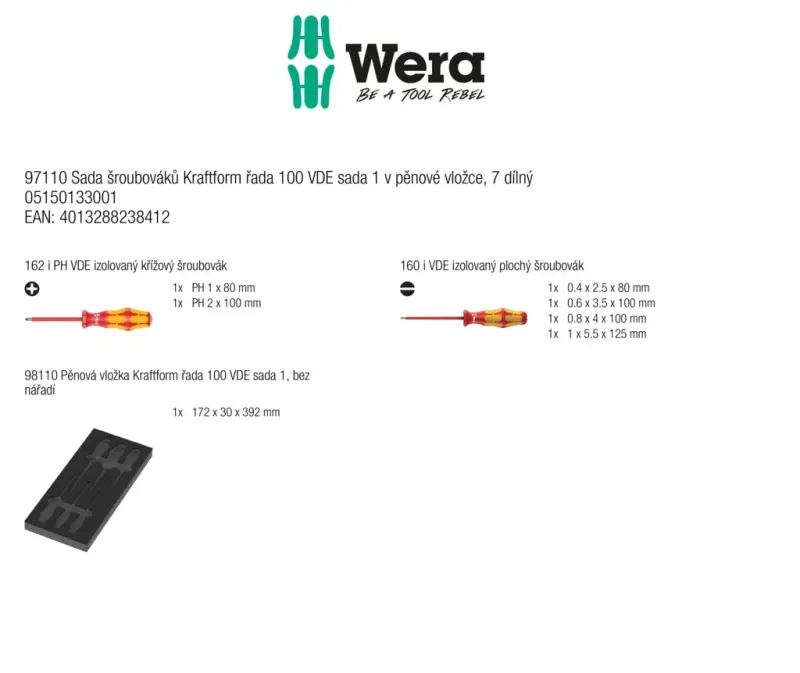 Wera 150133 Náraďový modul - penová vložka 97110. Skrutkovače Kraftform Serie 100 VDE. SL, PH. Súprava 1 - 7 dielov (W05150133001)