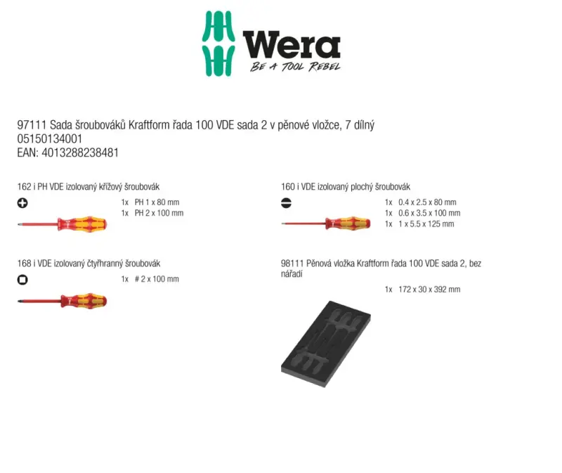 Wera 150134 Náraďový modul - penová vložka 97111. Skrutkovače Kraftform Serie 100 VDE. SL, PH, štvorhran. Súprava 2 - 7 dielov (W05150134001)