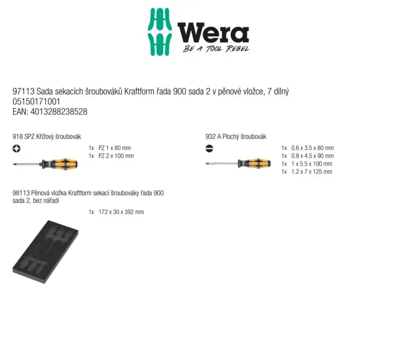 Wera 150171 Náraďový modul - penová vložka 97113. Sekacie skrutkovače Serie 900. SL, PH, PZ. Súprava 2 - 7 dielov (W05150171001)