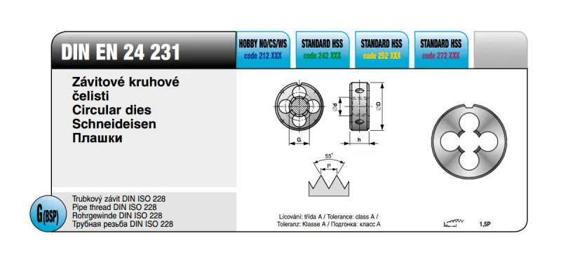 Závitořezná kruhová čelist HSS - pravý závit G 1/2" x 14, EN 24 231 (BU242 120)
