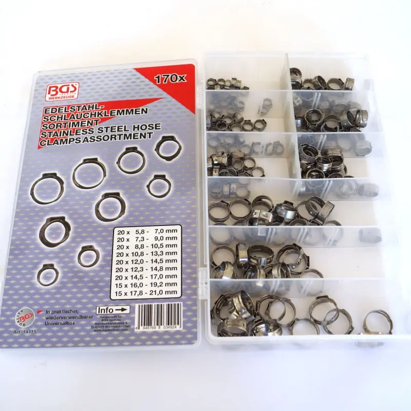 Nerezové hadicové spony pr. 5,8 ÷ 21 mm BGS1014115 (Sada 170 dílů) (BGS1014115)