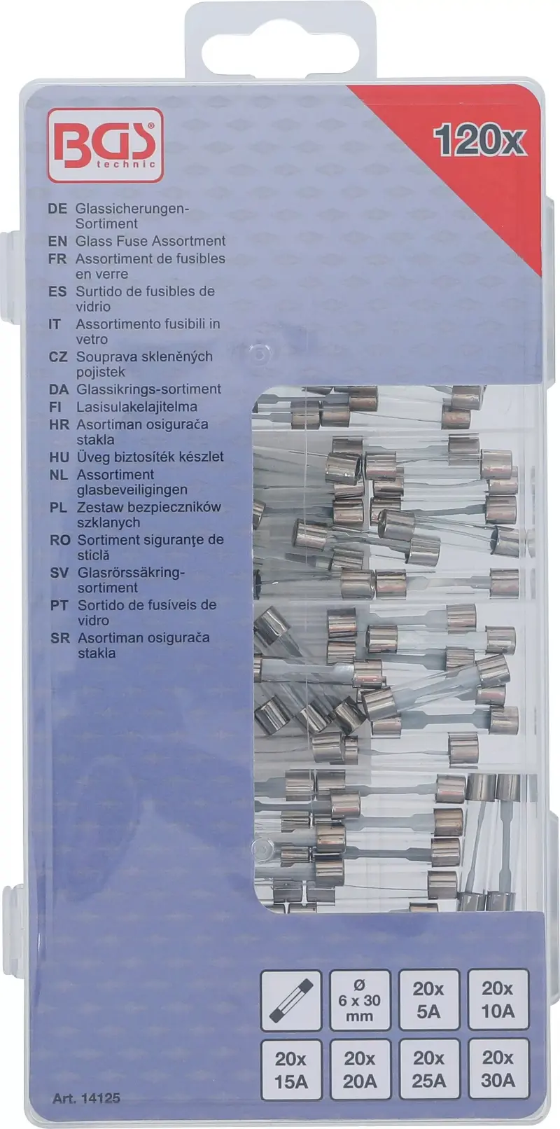 Skleněné pojistky  5 ÷ 30 A BGS1014125 (Sada 120 dílů) (BGS1014125)