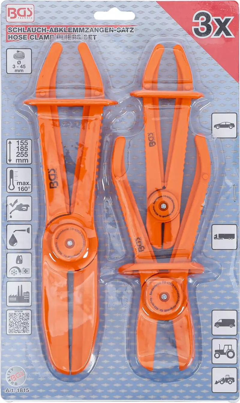 Kleště 155 ÷ 255 mm pro uzavření hadic BGS101815, plastové. Sada 3 díly (BGS101815)