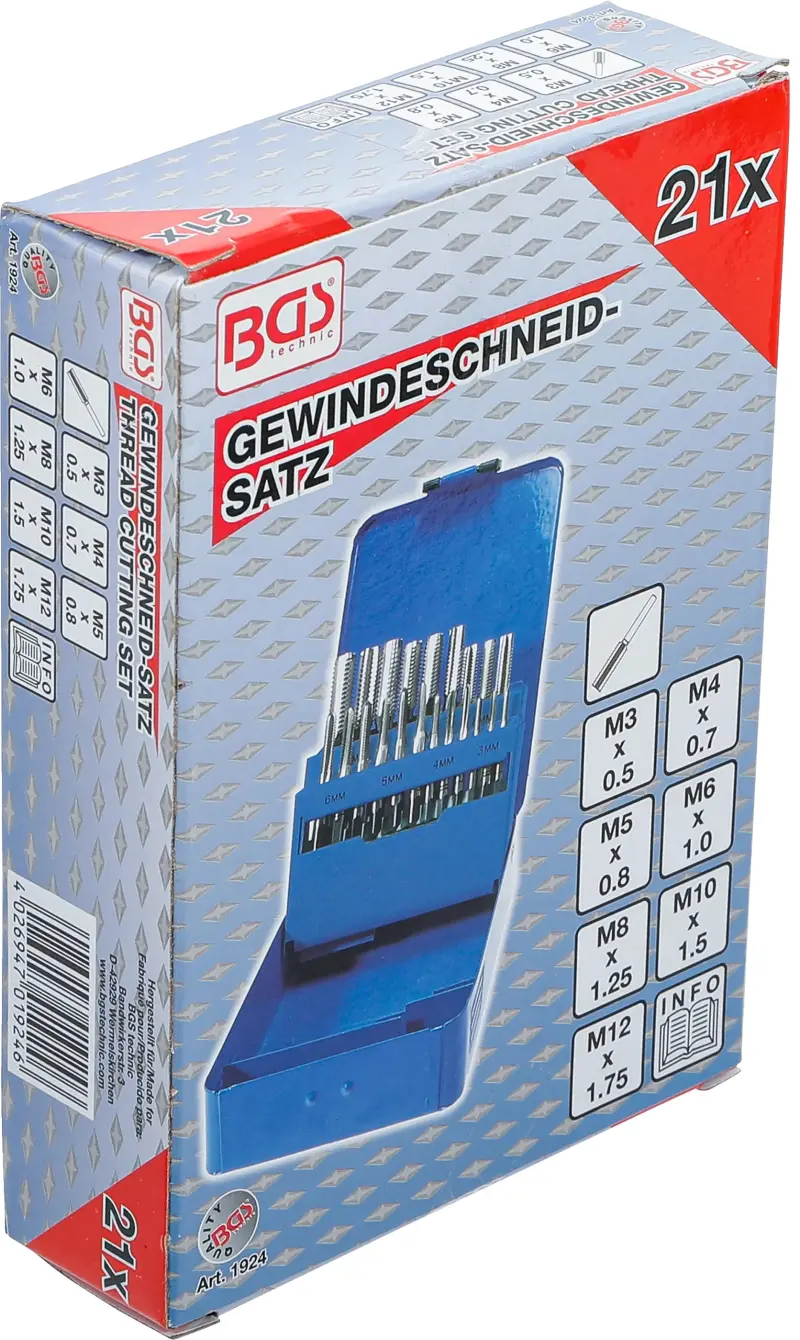 Závitníky sadové ruční sada M3 ÷ M12 BGS101924, HSS. Sada 21 dílů (BGS101924)