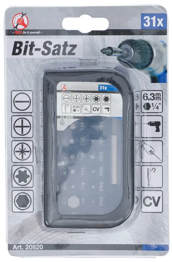Bity 1/4" Kraftmann PL, PH, PZ, Torx, Inbus, držák. (Sada 32 dílů). BGS 2082 (BGS1020820)