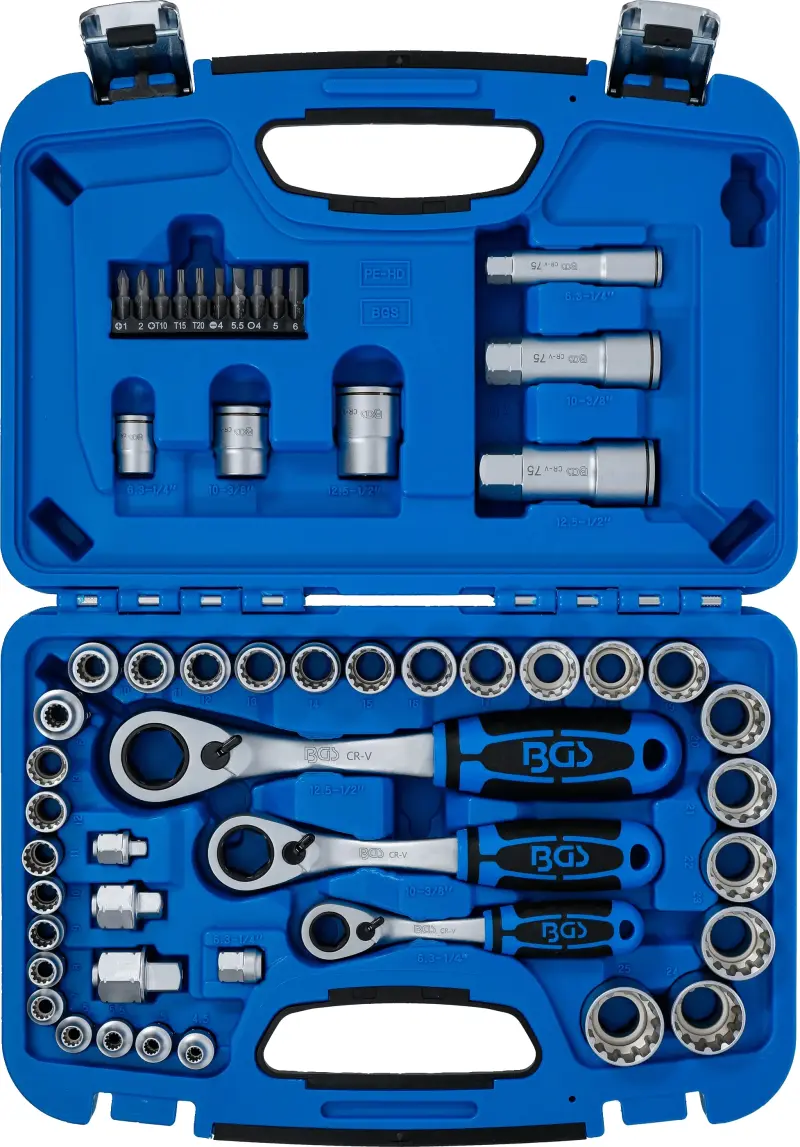 Gola sada BGS-52K průchozí ráčny 13, 16 a 22 mm (4,5 ÷ 25 mm) profil Gear Lock,  (52 dílů). BGS 2181 (BGS102181)