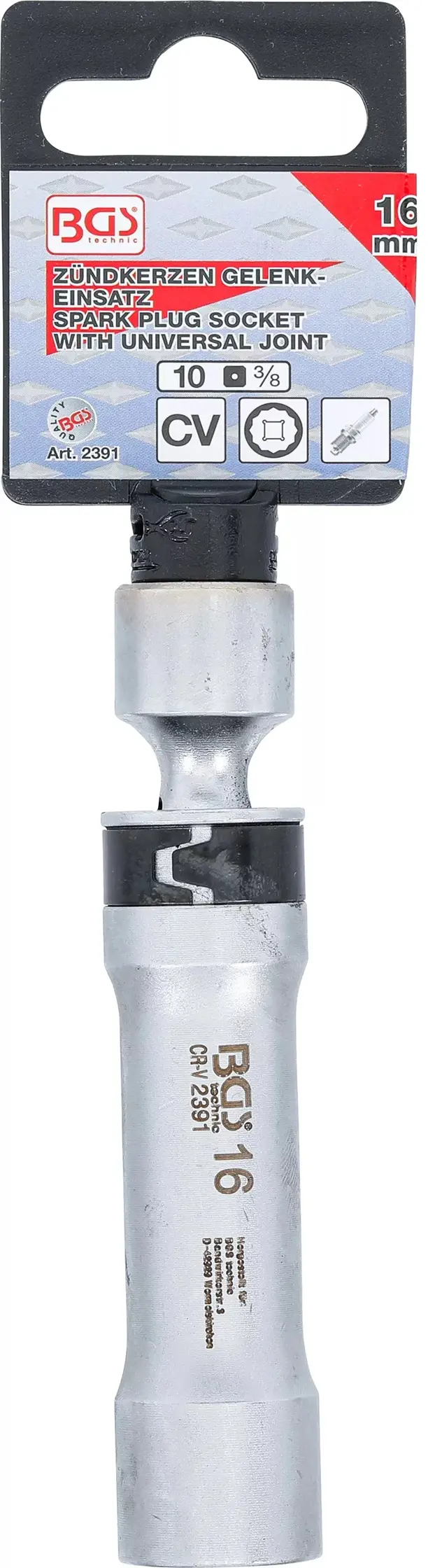 Kloubová nástrčná hlavice 3/8" 12hranná 16 mm BGS102391 na zapalovací svíčky, s přídržnou pružinou (BGS102391)