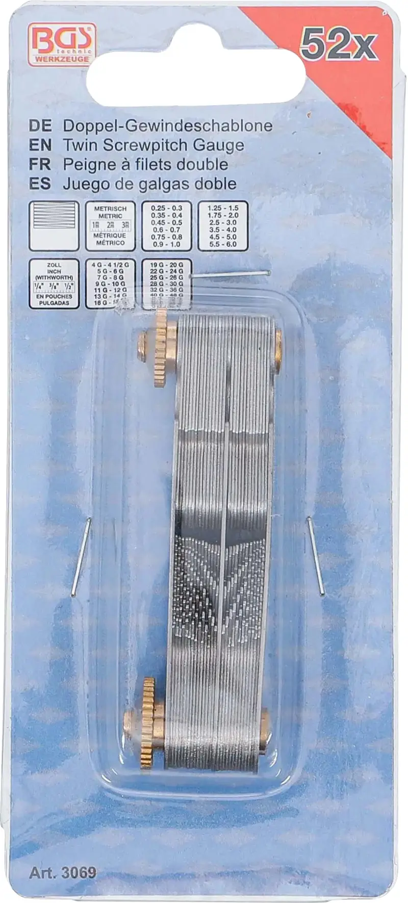 Dvojité závitové měrky metrické a Whitworth BGS103069 (4 ÷ 62W, 0,25 ÷ 6 mm) 52 plátků (BGS103069)