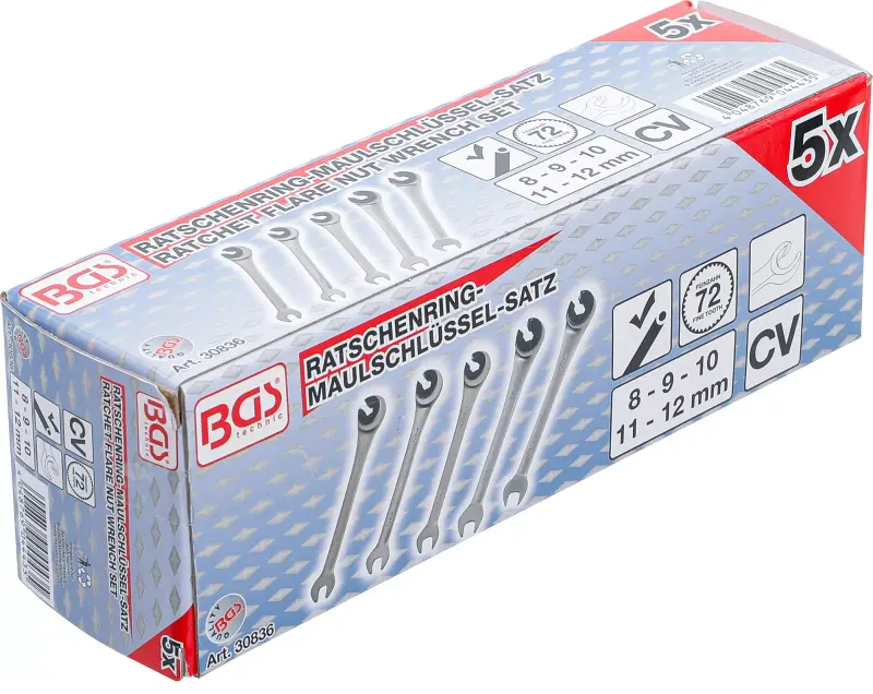 Otevřené očkoploché klíče 8 ÷ 12 mm s ráčnou BGS1030836. Sada 5 dílů v tašce (BGS1030836)