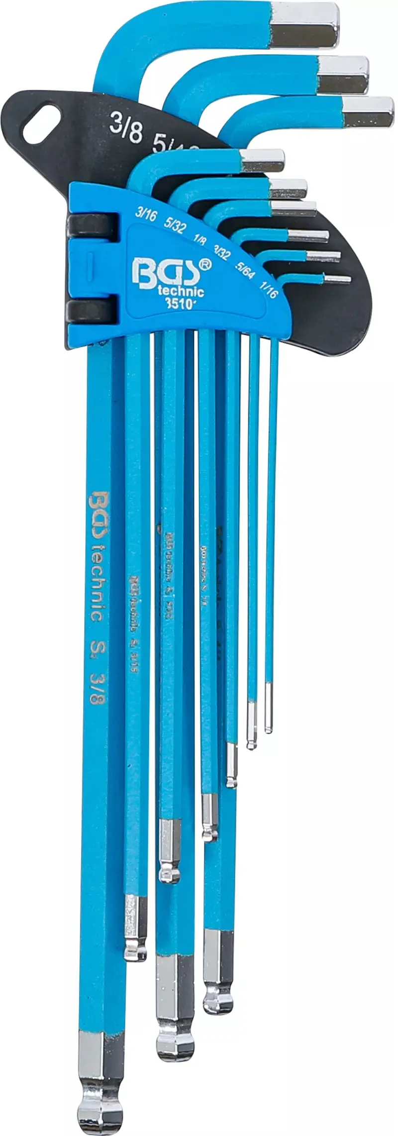 Zástrčné klíče inbus 1/16 ÷ 3/8" BGS1035101 palcové, extra dlouhé, s koulí a magnetem oplastované. Sada 9 dílů (BGS1035101)