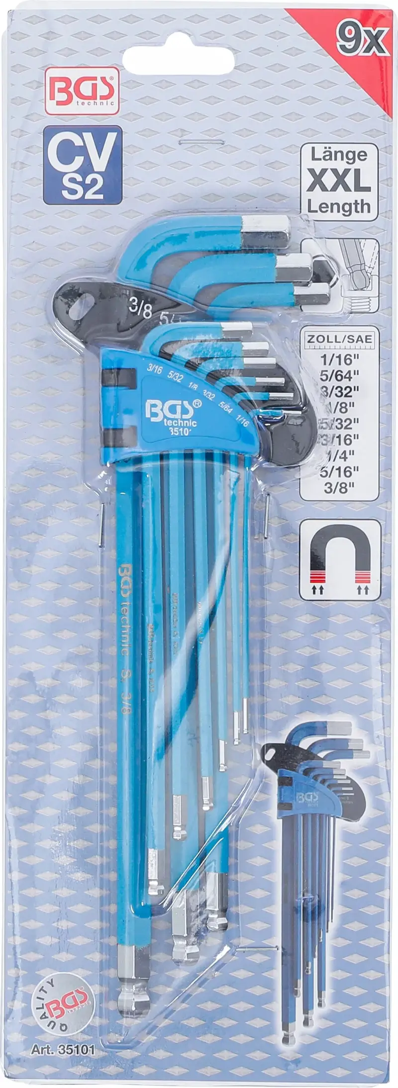 Zástrčné klíče inbus 1/16 ÷ 3/8" BGS1035101 palcové, extra dlouhé, s koulí a magnetem oplastované. Sada 9 dílů (BGS1035101)
