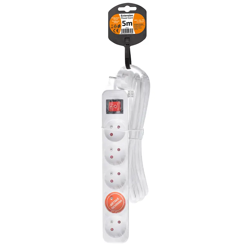 Prodlužovací přívod Solight PP53, 5 zásuvek, bílý, vypínač, 5m (SOLIPP53)
