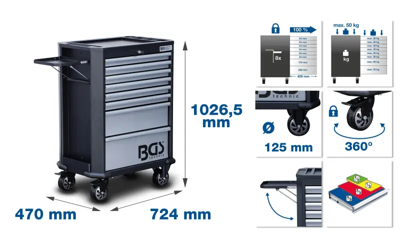 Dílenský vozík, pojízdný BGS104007, 8 zásuvek. 299 ks nářadí (BGS104007)