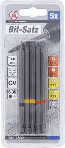Šroubovací XXL bity 1/4" Kraftmann PH, PZ, SL BGS104832 délka 110 mm (Sada 5 dílů) (BGS104832)