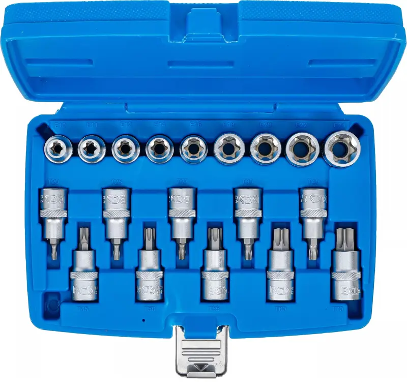 Sada nástrčných hlavic / nástrčných klíčů 12,5 mm (1/2") E-profil / T-profil (pro Torx) (19 dílná) (BGS105100)