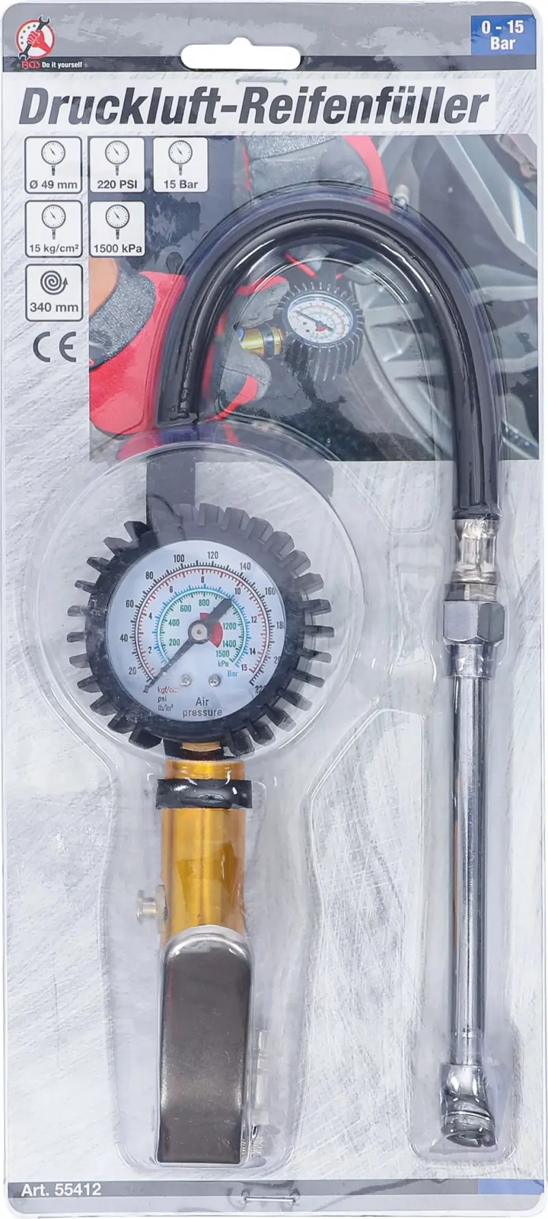 Sada BGS1055412 pro huštění pneumatik s manometrem 0 ÷ 15 barů (BGS1055412)