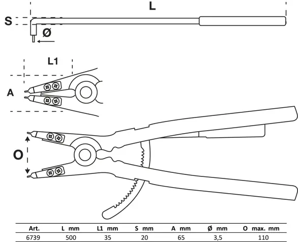 Kleště na rozpěrné kroužky zahnuté pro vnější rozpěrné kroužky 500 mm (BGS106739)