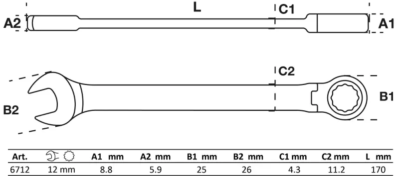 Očkoplochý klíč 12 mm s ráčnou BGS106712, kloubový (BGS106712)