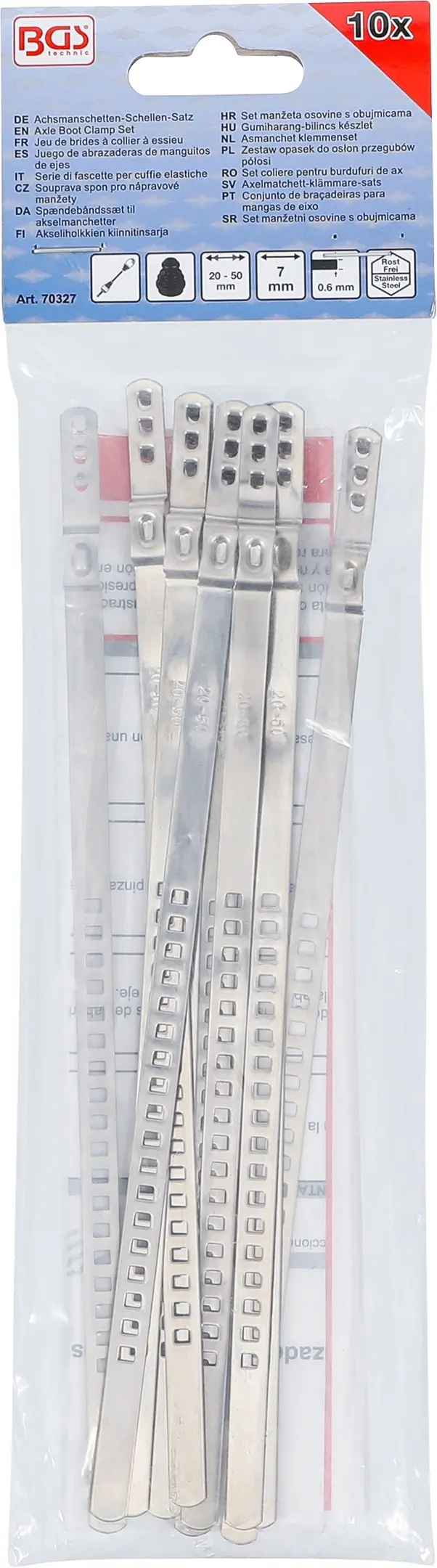 Stahovací spony pr. 20 ÷ 50 mm pro nápravové manžety BGS1070327 - nerezová ocel (Sada 10 dílů) (BGS1070327)
