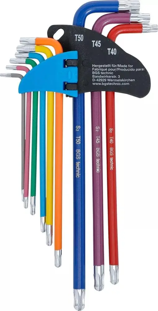 Zástrčné klíče T10 ÷ T50 Multicolour, extra dlouhé, s vrtáním a kulovou hlavou (Sada 9 ks) BGS1074465 (BGS1074465)