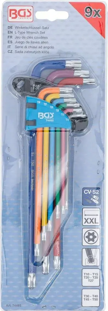 Zástrčné klíče T10 ÷ T50 Multicolour, extra dlouhé, s vrtáním a kulovou hlavou (Sada 9 ks) BGS1074465 (BGS1074465)