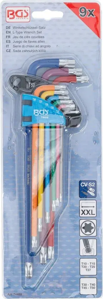 Zástrčné klíče T10 ÷ T50 Multicolour, extra dlouhé, s kulovou hlavou (Sada 9 ks) BGS1074468 (BGS1074468)