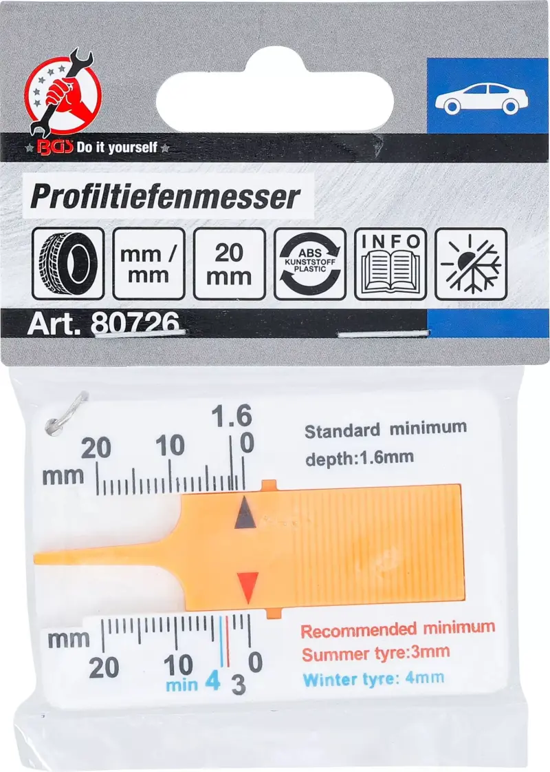 Hloubkoměr běhounu pneumatik Kraftmann 0 ÷ 20 mm s klíčenkou BGS1080726 (BGS1080726)